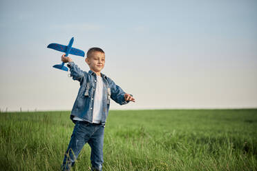 Junge spielt mit Modell auf Flugzeug in Wiese - ZEDF04570
