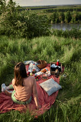 Junge Frau beim Picknick auf einem landwirtschaftlichen Feld - ZEDF04580