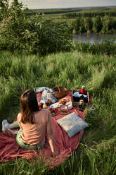 Young woman on picnic in agricultural field - ZEDF04580