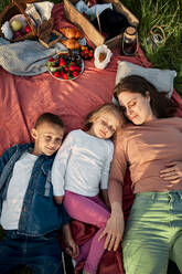 Smiling mother and children sleeping on picnic blanket at field - ZEDF04594