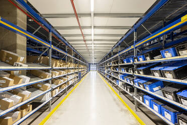 Empty straight aisle amidst cardboard boxes arranged on racks of warehouse - PESF03820