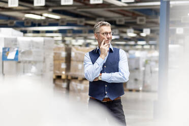 Thoughtful manager with hand on cheek standing in warehouse - PESF03863