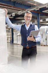 Smiling manager with tablet PC standing in warehouse - PESF03864