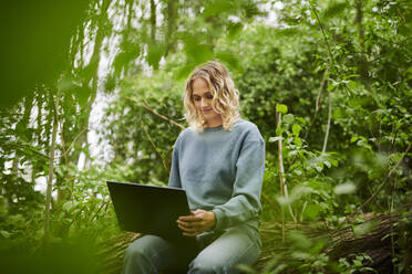 Junger Freiberufler arbeitet am Laptop im Wald - MMIF00320