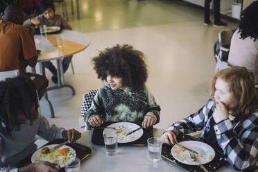 Freunde, die während der Mittagspause in der Cafeteria am Tisch sitzen und miteinander reden - MASF30029