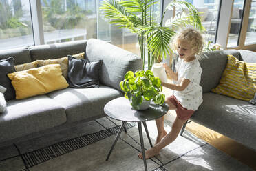 Girl leaning on sofa watering plant at home - SVKF00184