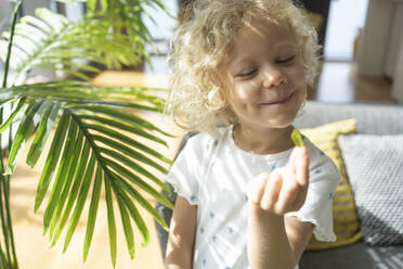 Smiling girl examining leaf at home - SVKF00191