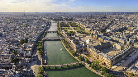 Panoramic aerial view of Le Louvre Museum along the Seine river in Paris downtown, France. - AAEF14560