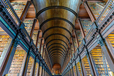 Langer gewölbter Gang mit Zäunen und Säulen in einer hellen öffentlichen Universitätsbibliothek mit einer Sammlung interessanter Bücher in Regalen - ADSF34801