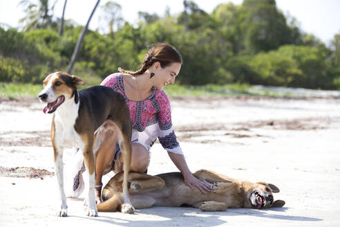 Lächelnde Frau mit Hunden am Strand - NDF01448