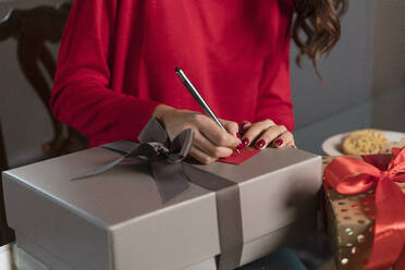 Young woman writing on gift tag for Christmas present at home - EIF04111
