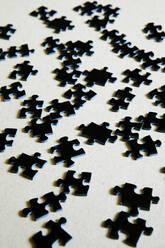Studioaufnahme von schwarzen Puzzlestücken, die flach auf weißem Hintergrund liegen - TLF00786