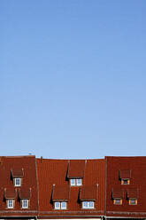 Deutschland, Thüringen, Erfurt, Klarer blauer Himmel über roten Ziegeldächern von Altstadthäusern - TLF00806