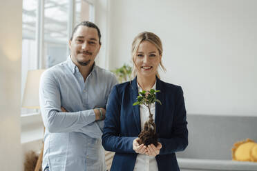 Smiling businesswoman holding plant by colleague in office - JOSEF09968