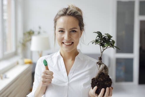 Lächelnde Geschäftsfrau mit Pflanze und grünem Daumen im Büro - JOSEF10095