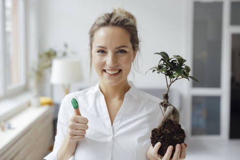 Smiling businesswoman holding plant showing green thumb in office - JOSEF10095