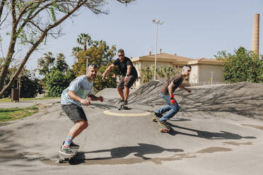 Männer beim Skateboarden auf einer Sportrampe an einem sonnigen Tag - MRRF02174