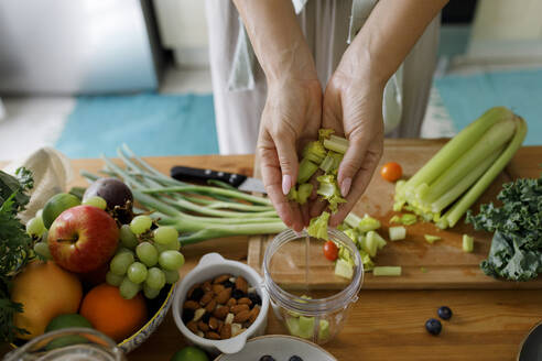 Hands of woman putting chopped celery in juicer at home - TYF00185