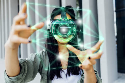 Woman wearing VR simulator using transparent interface - MEUF05980