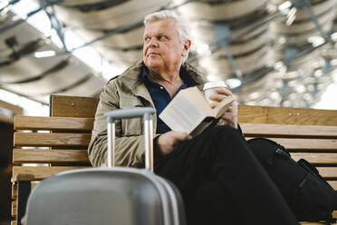 Niedriger Blickwinkel auf einen älteren Geschäftsmann mit einem Buch und einem Einwegbecher, der mit einem Koffer auf einer Bank in einem Lebensmittelmarkt in der Eisenbahn sitzt - MASF30689