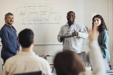 Männlicher Lehrer mit Schülern bei einer Fragestunde im Klassenzimmer - MASF30735
