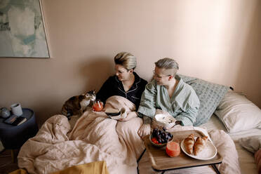 Frau füttert Katze mit Saft, während sie mit ihrer Freundin zu Hause auf dem Bett frühstückt - MASF30806