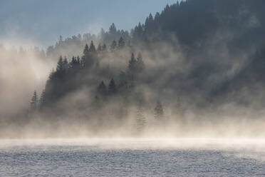Deutschland, Bayern, Dichter Nebel über dem Geroldsee in der Morgendämmerung - RUEF03693