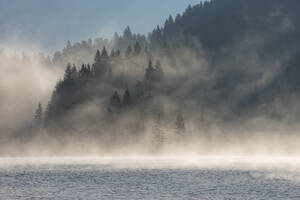 Deutschland, Bayern, Dichter Nebel über dem Geroldsee in der Morgendämmerung - RUEF03693