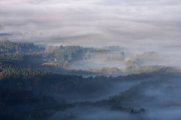 View of Swabian Alps shrouded in thick morning fog - RUEF03709