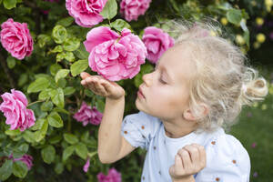 Nettes Mädchen riecht rosa Rose im Garten - SVKF00239