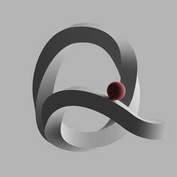 Dreidimensionales Rendering einer roten Kugel, die auf dem Buchstaben Q balanciert - DRBF00277