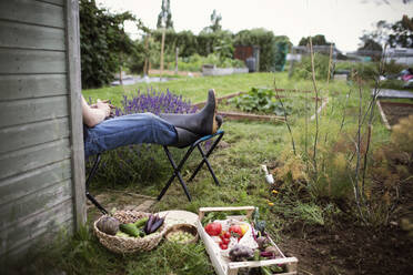 Mann entspannt sich mit hochgelegten Füßen im Garten neben dem geernteten Gemüse - CAIF32797