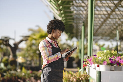 Gardener using tablet PC at plant nursery - JCCMF06446