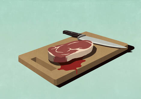 Rohes, blutiges Steak auf Schneidebrett mit Messer - FSIF05975