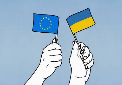 Hands holding European Union and Flag Ukrainian flags - FSIF06028