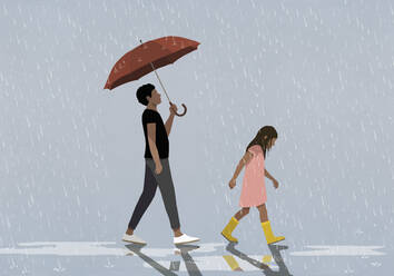 Man with umbrella following girl walking in rain downpour - FSIF06033