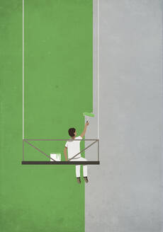 Mann auf Hängeplattform malt Wand grün - FSIF06038