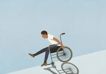 Carefree man speeding downhill in wheelchair - FSIF06055