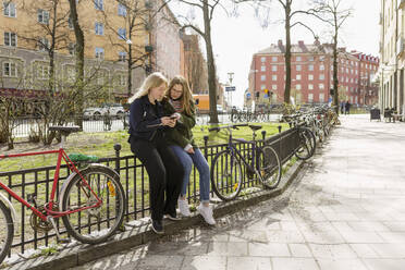 Junge Frauen benutzen ein Smartphone in einem Park in Stockholm, Schweden - FOLF11417