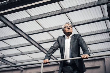 Senior businessman standing by railing on rooftop at office - JOSEF10218