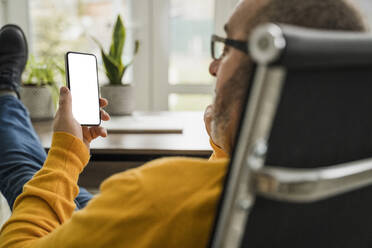 Reifer Geschäftsmann, der im Büro ein Mobiltelefon benutzt - OSF00013