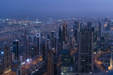 United Arab Emirates, Dubai, Elevated view of downtown skyscrapers at early dawn - TAMF03397