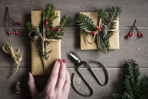 Hand of woman preparing naturally wrapped Christmas presents - EVGF04007