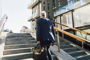 Älterer Geschäftsmann, der an einem sonnigen Tag die Stufen vor einem Bürogebäude hinaufgeht - MEUF06269