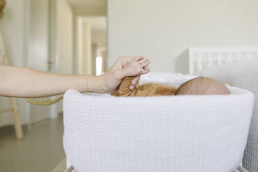 Woman holding baby's hand lying in crib at home - TYF00238