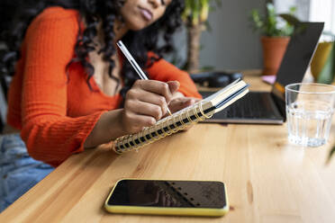 Freelancer writing in notebook by laptop at home office - WPEF06000