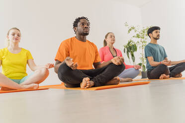 Männer und Frauen üben Yoga im Lotussitz und meditieren im Gesundheitsstudio - OSF00116