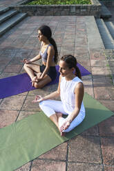 Mature woman with teenage girl meditating in park - RFTF00244