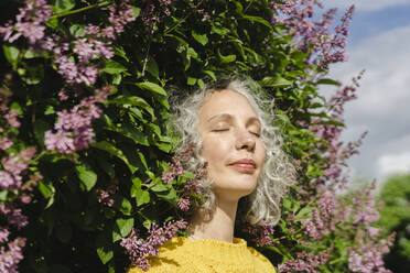 Beautiful woman with eyes closed standing under lilac tree on sunny day at park - SEAF01035