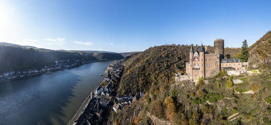 Germany, Rhineland-Palatinate, Sankt Goarshausen, Helicopter panorama of Rhine Gorge in autumn - AMF09538